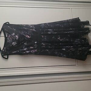 Black silk & chiffon floral sleeveless dress with assymetrical hem